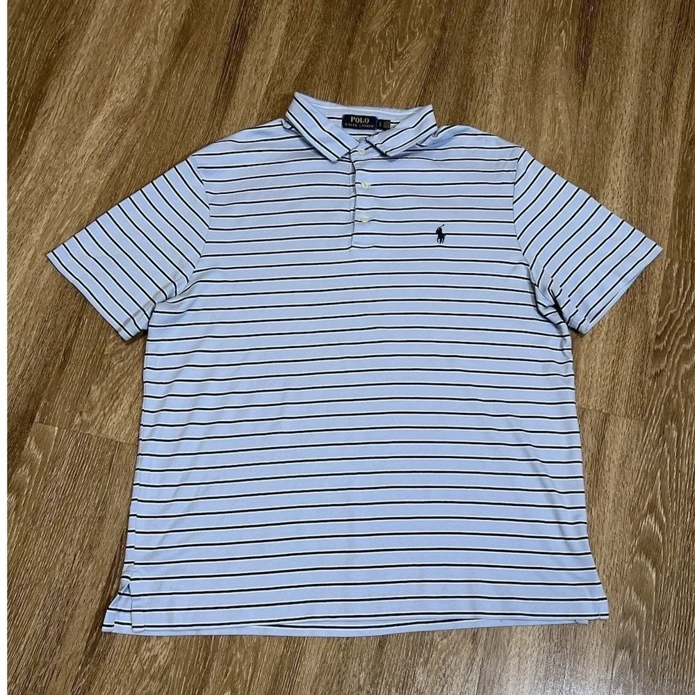 Polo Ralph Lauren Men's Light Blue T-Shirt‎ XL with Navy Pony and Navy Stripes